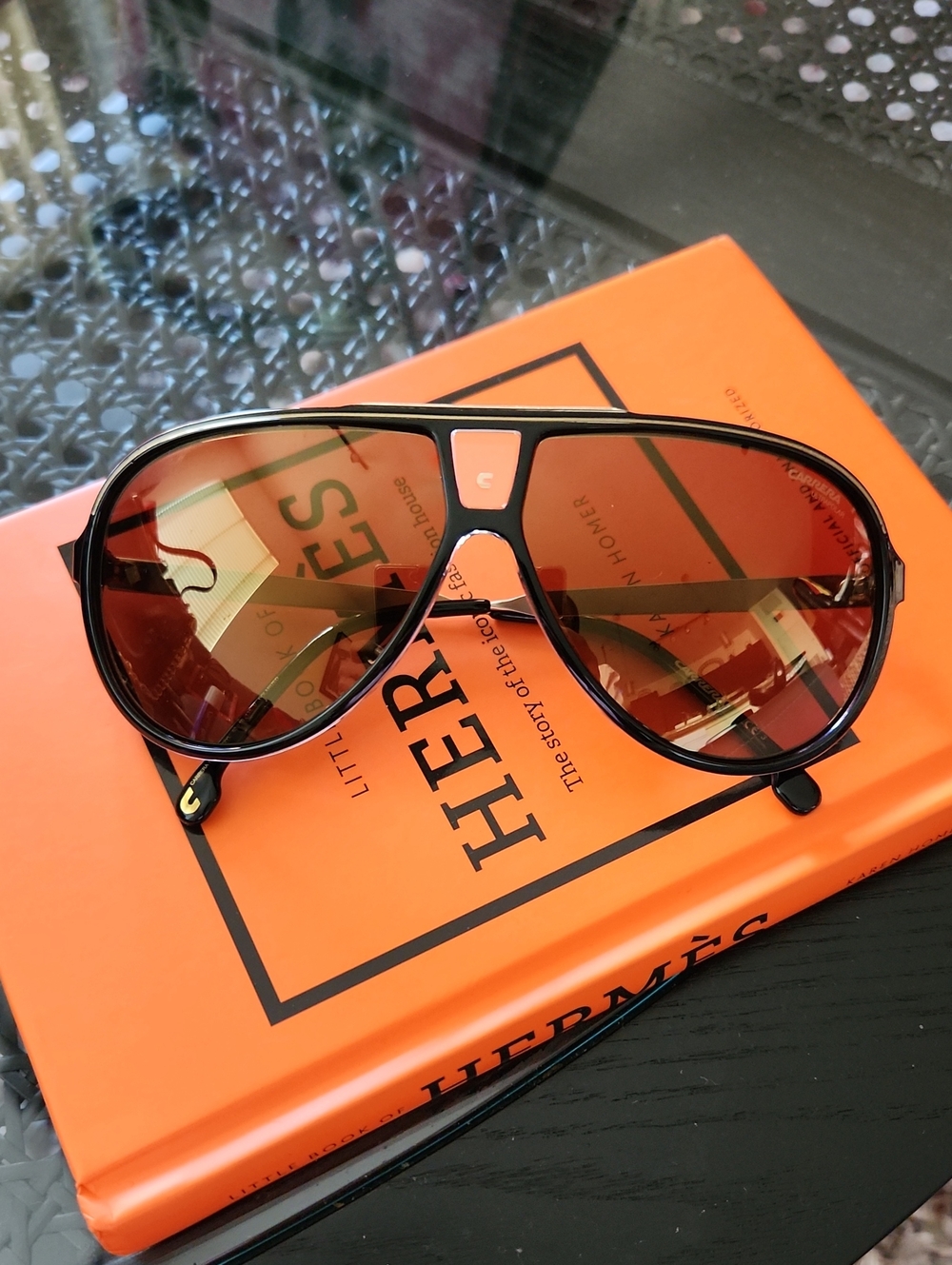 Carrera Aviator Sunglasses in Black Frame with Amber/Brown Lenses